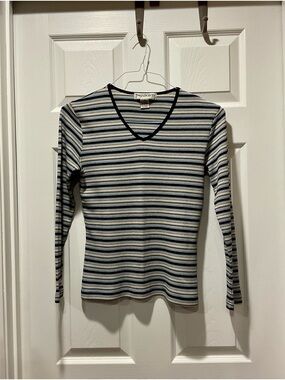 Passport Striped Ribbed V-Neck Long Sleeve Top in Black, White & Blue